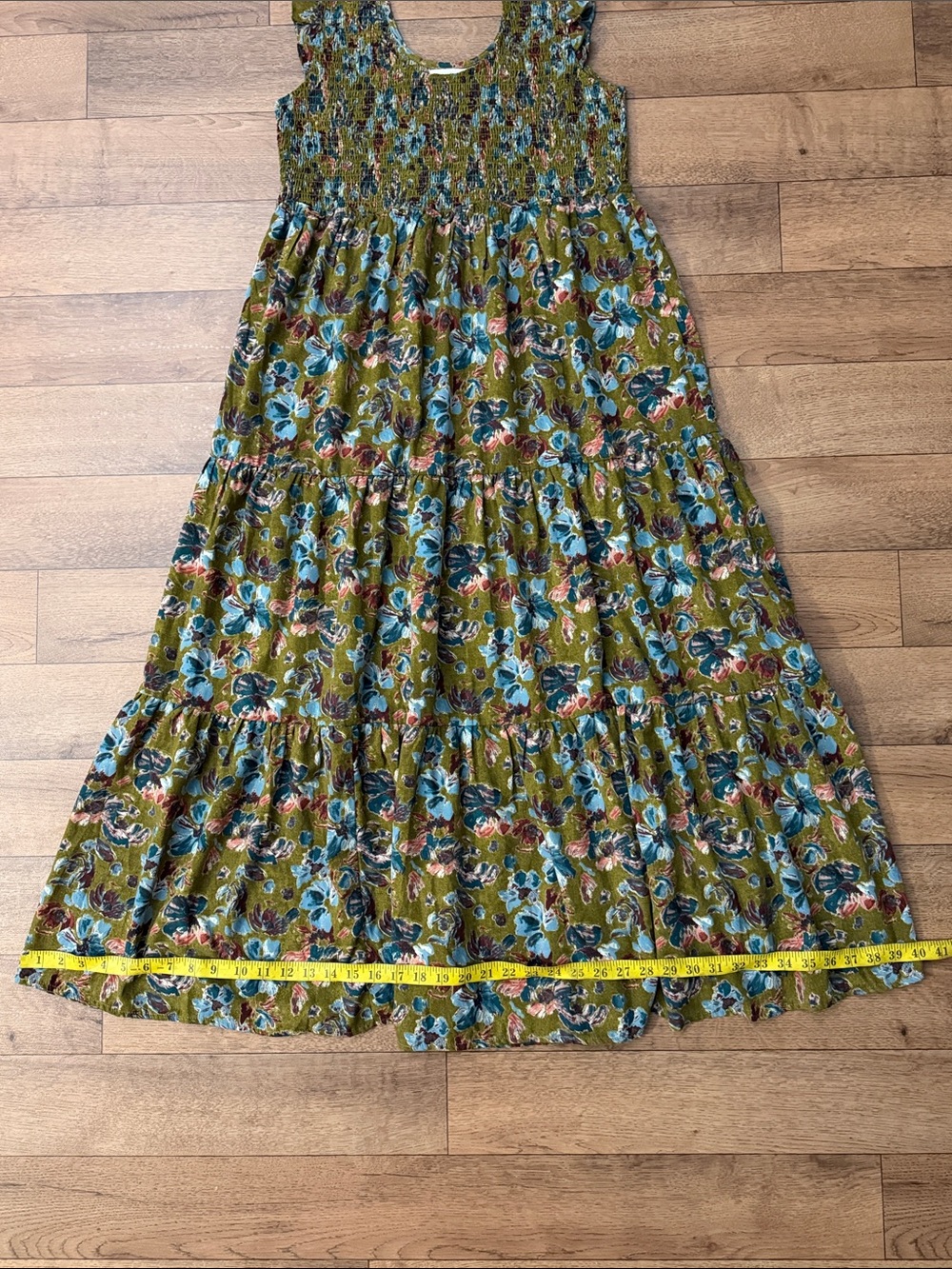 Natural Life Size Large Olivia Smocked Maxi Dress In Olive Floral Vacation Comfy - Picture 7 of 14